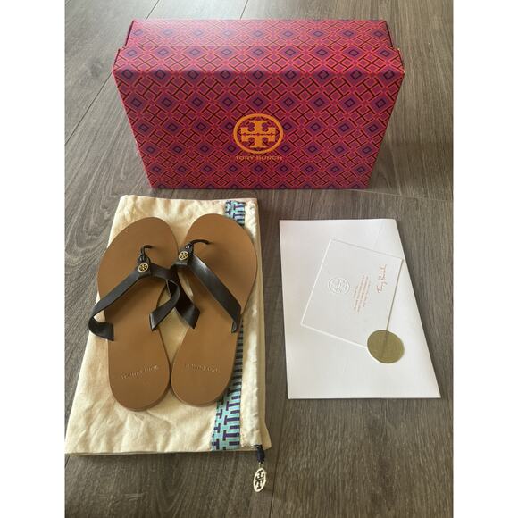 Tory Burch Women's Manon Thong Sandals Black Leather Logo Slip-On‎ Summer 6 - Picture 1 of 12